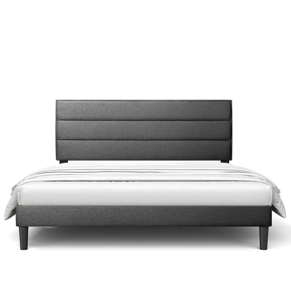 Full Size Bed Frame Modern Horizontal Panel Upholstered Low Profile Platform with Tufted Headboard/No Box Spring Needed/No Bed Skirt Needed/Linen Fabric Upholstery, Grey