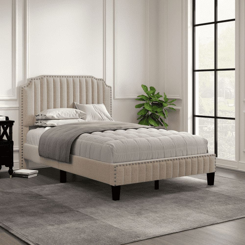 Full Size Bed Frame, Modern Platform Bed Frame with Velvet Curved Headboard and Nailhead Trim