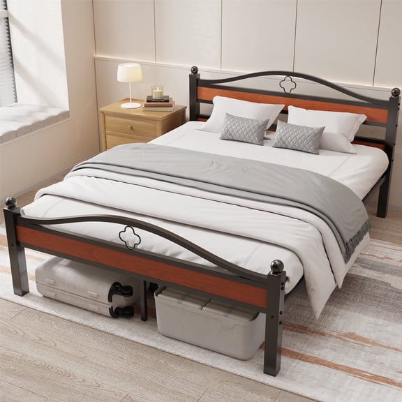Full Size Bed Frame Walnut Platform, Hybrid Wood & Steel Construction, Easy Assembly No Box Spring Needed 12" Underbed Storage Clearance, Upgrade Your Bedroom for Small Apartment & Home