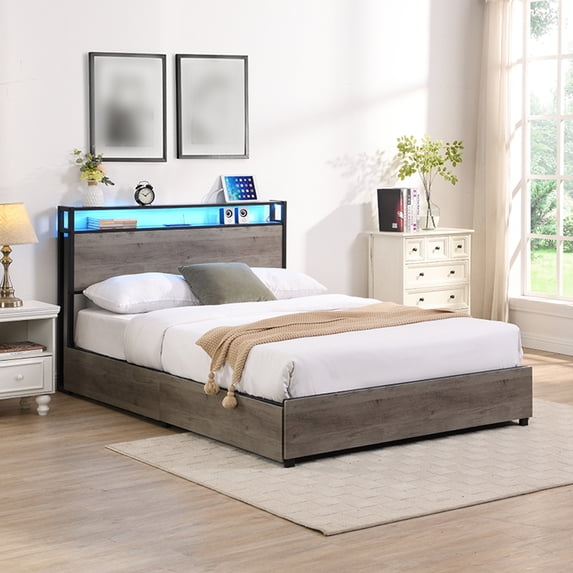Full Size Bed Frame, Platform Frame with Charging Station and LED Lights, Adjustable Brightness Color, LED Bed Frame with 4 Storage Drawers and Storage Headboard, No Box Spring Need