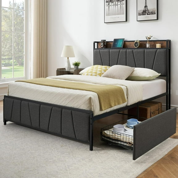 Full Size Bed Frame Platform with Headboard and Footboard, Bed Frame with Charging Station,Under Bed Storage, Easy Assembly, No Box Spring Needed