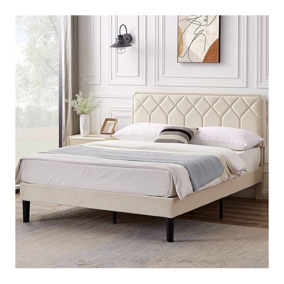 Full Size Bed Frame Premium Upholstered Platform with Height Adjustable Headboard/Mattress Foundation, Solid Wooden Slat Support, No Box Spring Needed/Easy Assembly