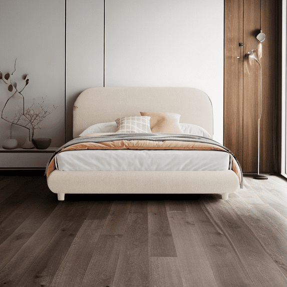 Full Size Bed Frame, Queen Size Upholstered Platform Bed with Thick Fabric, Solid Frame and Stylish Curve-Shaped Design, Easy Assembly, No Box Spring Needed