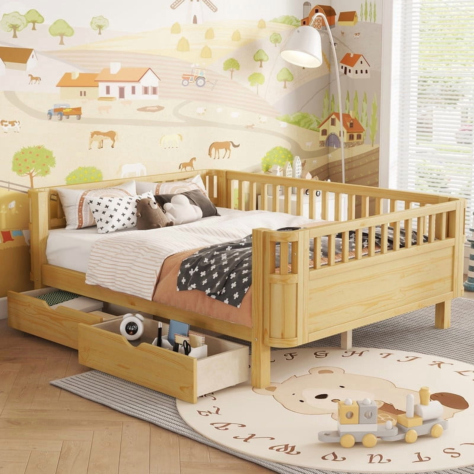 Full Size Bed Frame with Rails, Wood Montessori Bed Full with 2 Storage Drawers &Slats Support, Modern Daybed with Removable Bed Rails for Bedroom Living Room, Natural