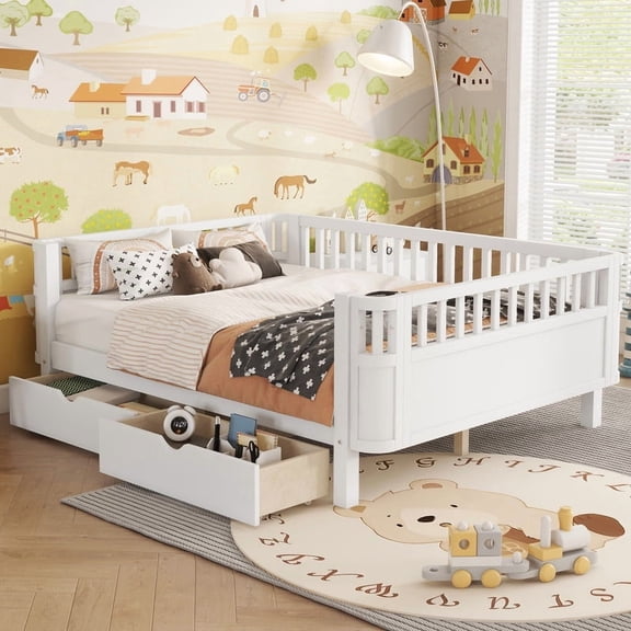 Full Size Bed Frame with Rails, Wood Montessori Bed Full with 2 Storage Drawers &Slats Support, Modern Daybed with Removable Bed Rails for Bedroom Living Room, White