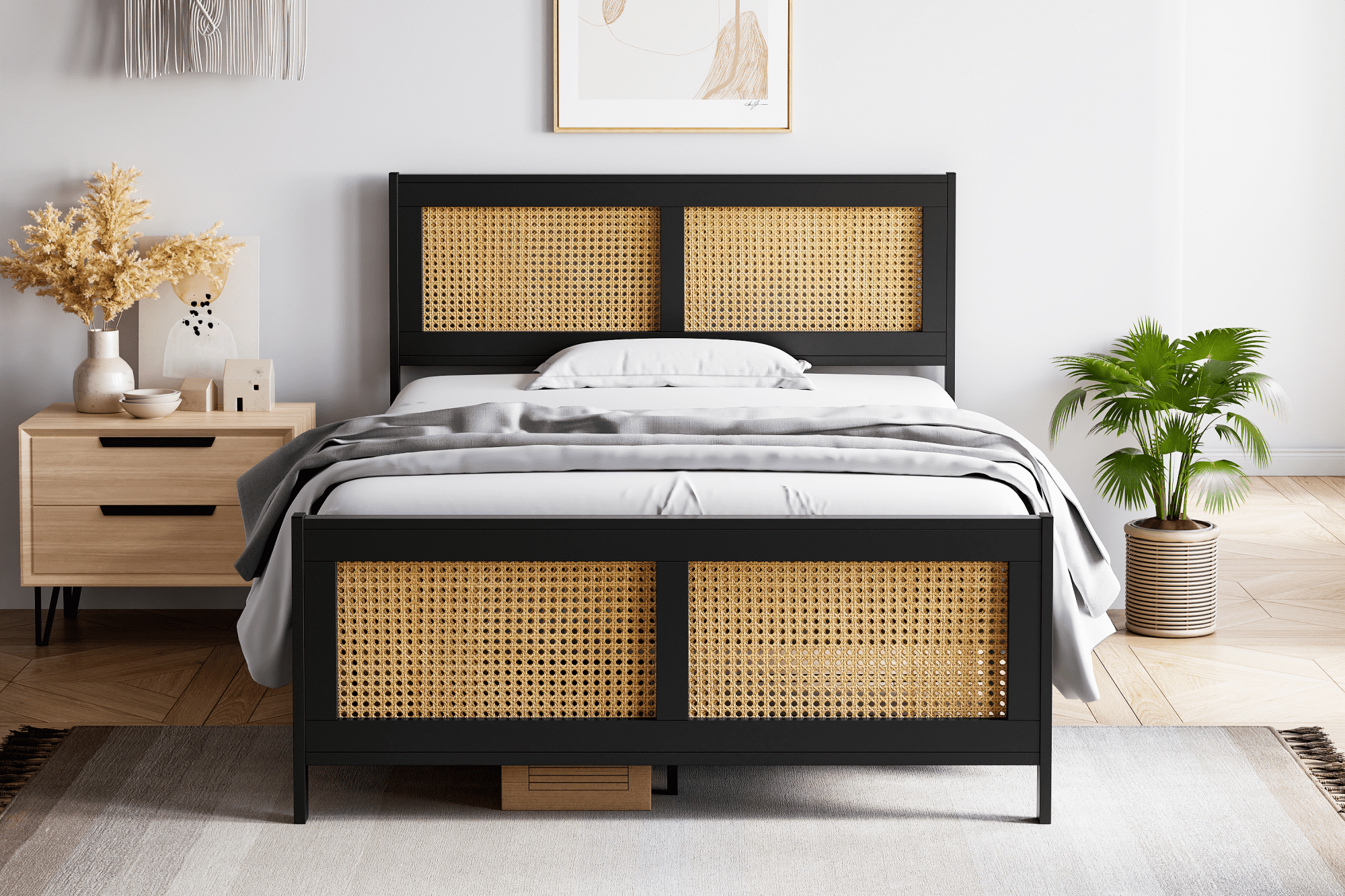 Full Size Bed Frame with Rattan Headboard and Footboard Black Rattan ...