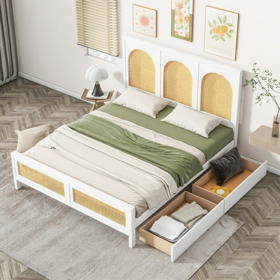 Full Size Bed Frame with Rattan Headboard and Footboard, Storage Platform Bed with 2 Drawers, Wood Slats Support, No Box Spring Required (White,Full,Rattan Decoration)