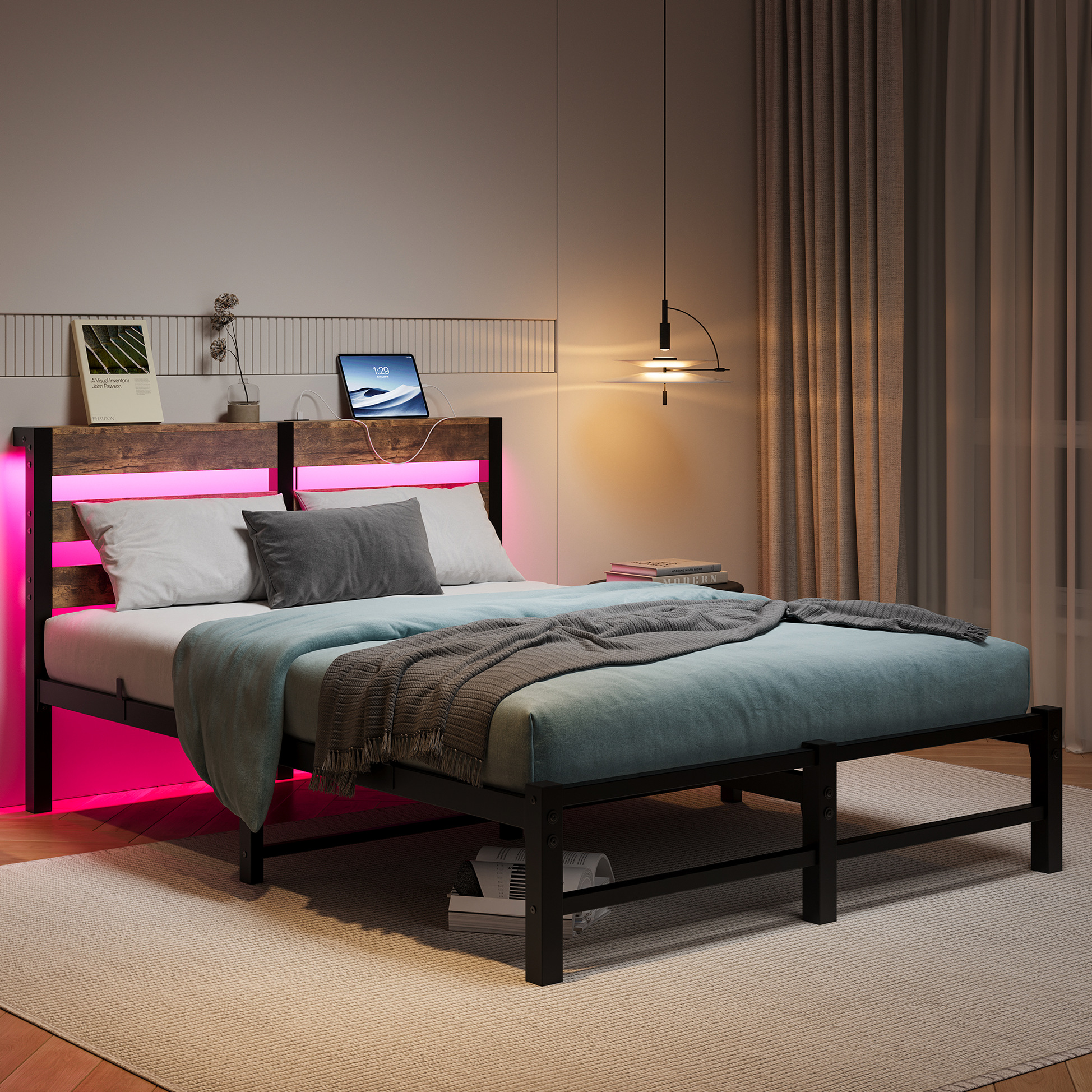 Full Size Bed Frame With Rustic Brown Wooden Headboard, Heavy-duty And ...