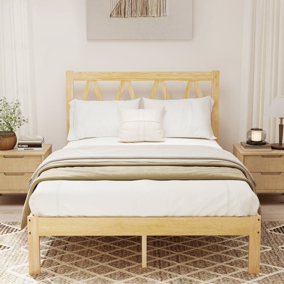 Full Size Bed Frame, Solid Rubberwood Bed with 700lbs Weight Capacity for Home Bedroom Easy Assembly