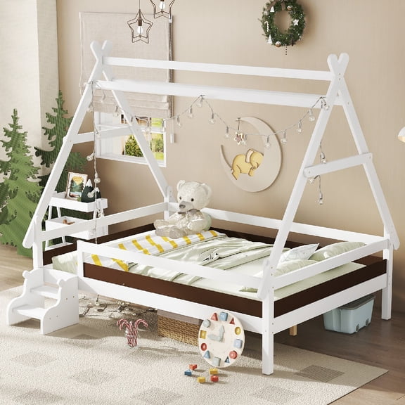 Full Size Bed Frame with Stairs, Low Profile Solid Wood House Shape Platform Bed for Bedroom, Apartment, Spacious Playhouse Design, No Box Spring Needed, Easy Assembly, Mattress Not Included, White