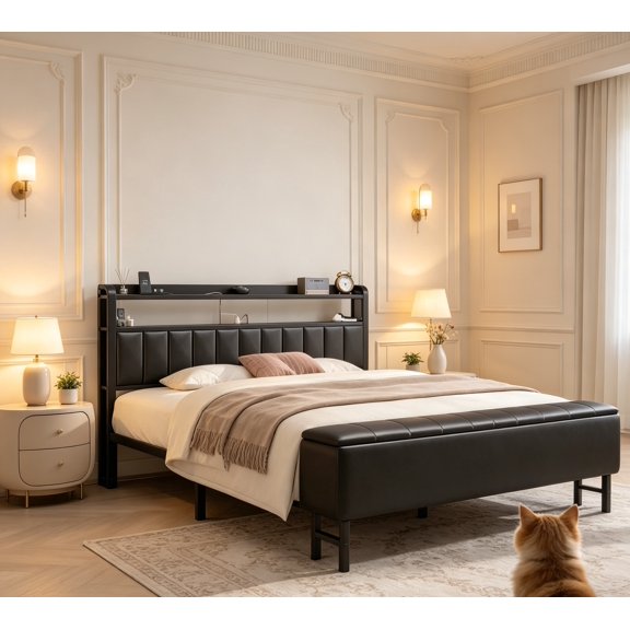 Full Size Bed Frame with Star Projector & Charging Station, PU Leather Upholstered Platform with 2-Tier Storage Headboard & Storage Ottoman, Metal Support, Noise-Free, No Box Spring Needed, Black