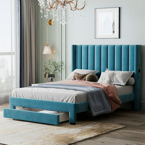 Full Size Bed Frame with a Storage Drawer, Velvet Upholstered Platform Bed with Tufted Upholstered Headboard & Side Pockets & Reinforced Slats Support, No Box Spring Needed, Blue