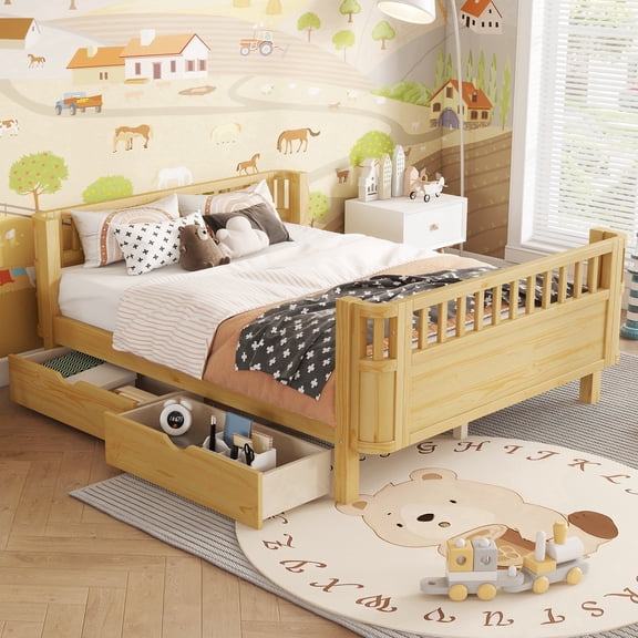 Full Size Bed Frame with Storage Drawers and Detachable Safety Rails, Wood Platform Bed with Headboard and Footboard, Low Profile Montessori Bed for Daybed (Natural)