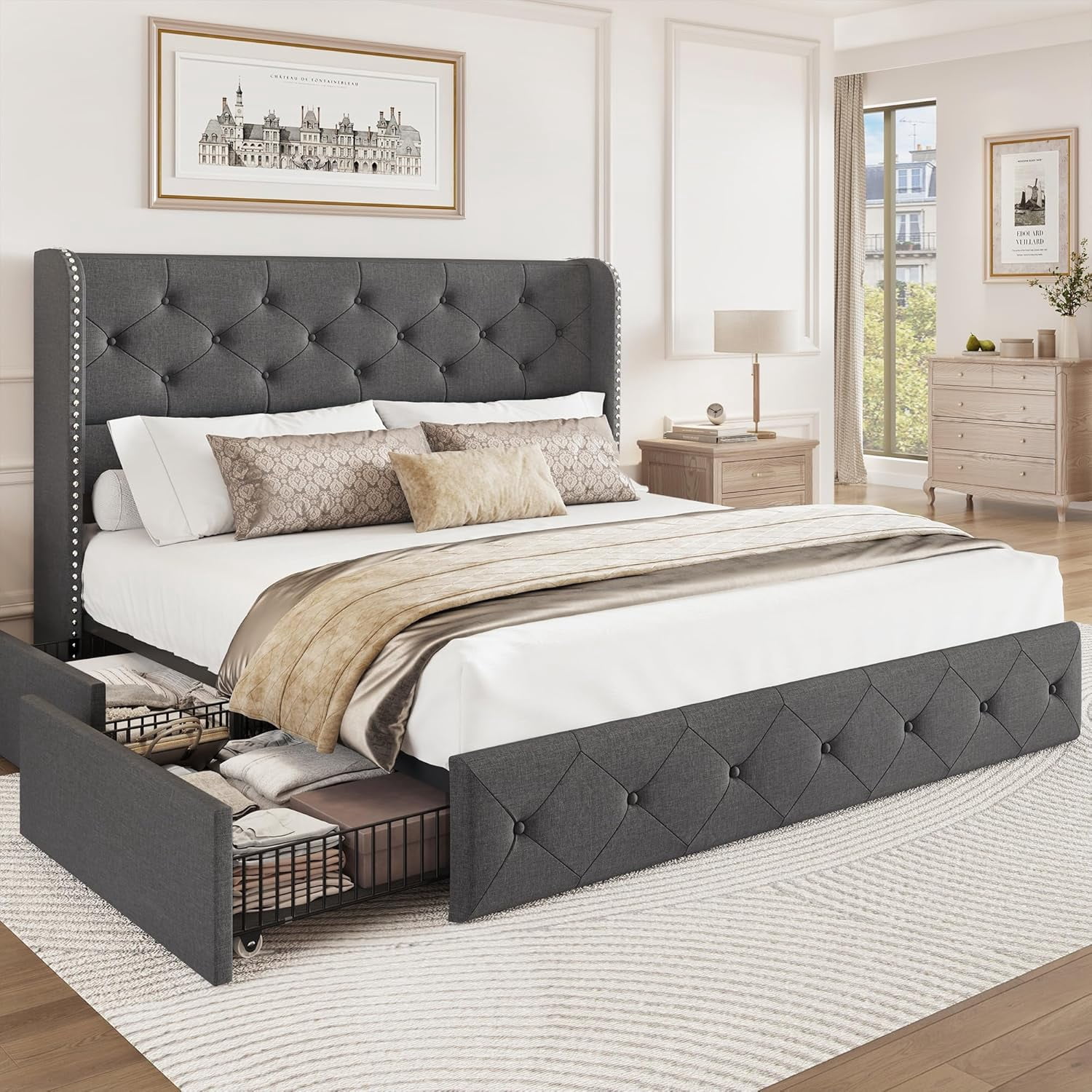 Full Size Bed Frame with Storage Drawers and Wingback Headboard Linen ...