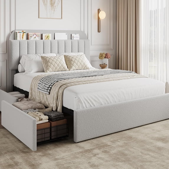 Full Size Bed Frame with Storage Headboard & 2 Drawers - Boucle Upholstered Platform Bed with Built-in Bookcase, Sturdy Wooden Slats, Noise-Free, No Box Spring Needed, Easy Assembly, Grey