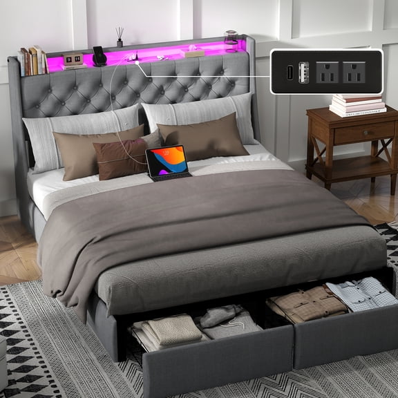 Full Size Bed Frame with Storage Headboard and 2 Storage Drawers, Upholstered Platform Beds with Charging Station and LED Lights, No Box Spring Needed/Noise-Free