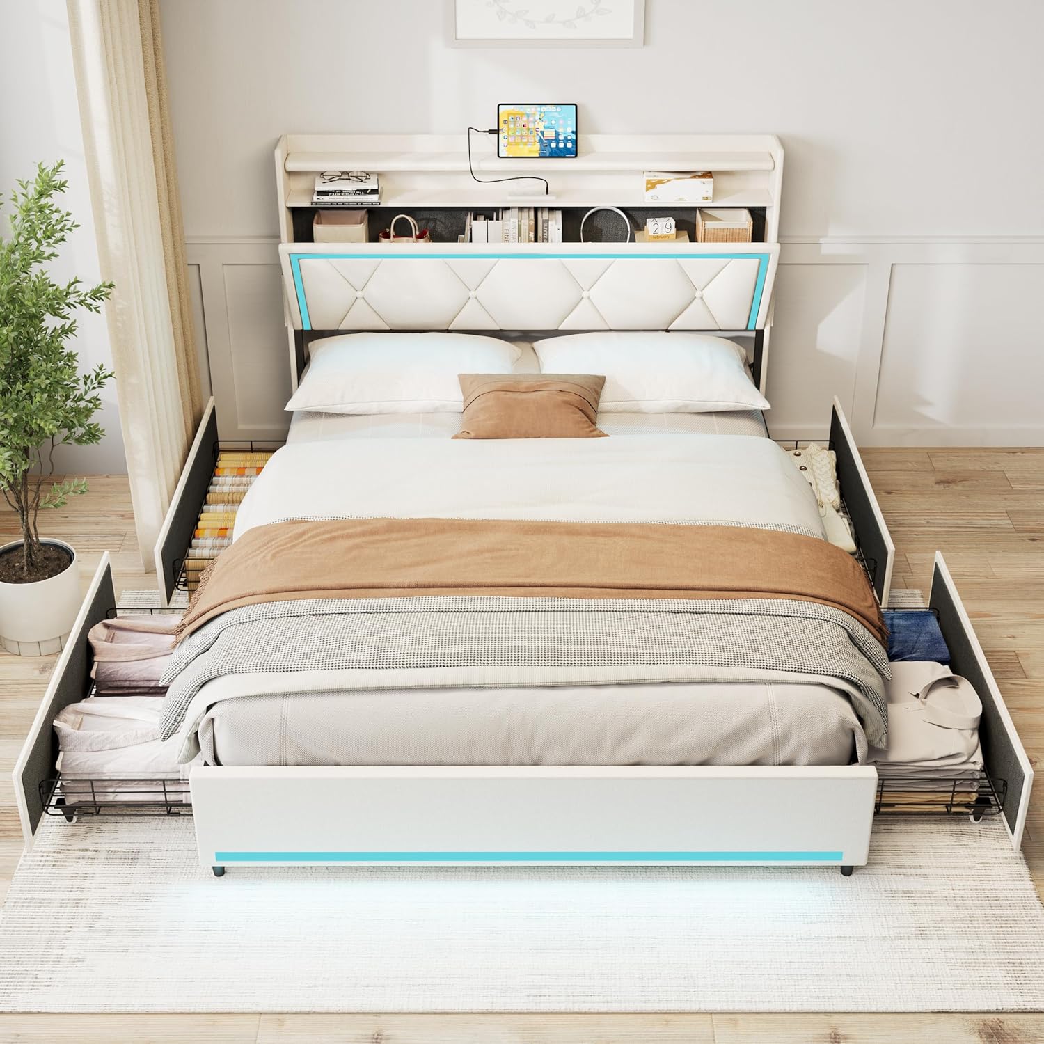 Full Size Bed Frame with Storage Headboard and 4 Drawers, Platform Bed