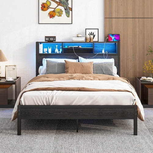 Full Size Bed Frame with Storage Headboard, Metal Platform Bed with Charging Station, Bookcase Storage, No Box Spring Needed, Easy Assembly, Noise-Free, Black
