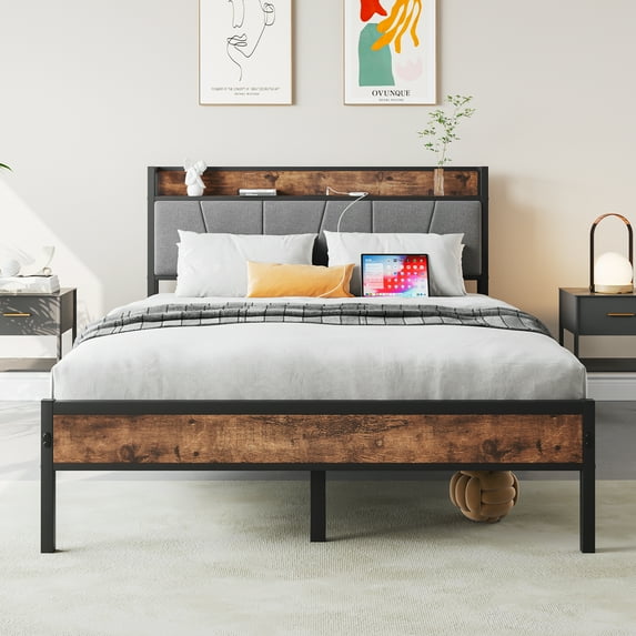 Full Size Bed Frame with Storage Headboard/USB Charging Station,Heavy Duty Metal Upholstered Single Platform Full Bed Frame,No Box Spring Needed,Heavy Duty Metal Slats,81.18"x54.48"x38.78",Brown