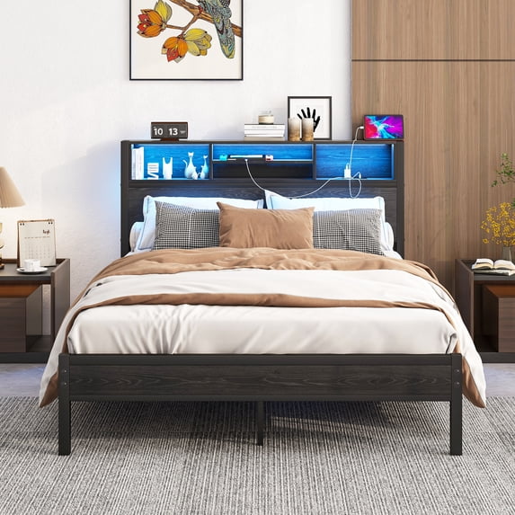 Full Size Bed Frame with Storage Headboard & USB Charging Station, Metal Platform Bed with Built-In Bookshelf, Underbed Storage Space, Noise-Free Design, Quick Assembly, No Box Spring Required, Black