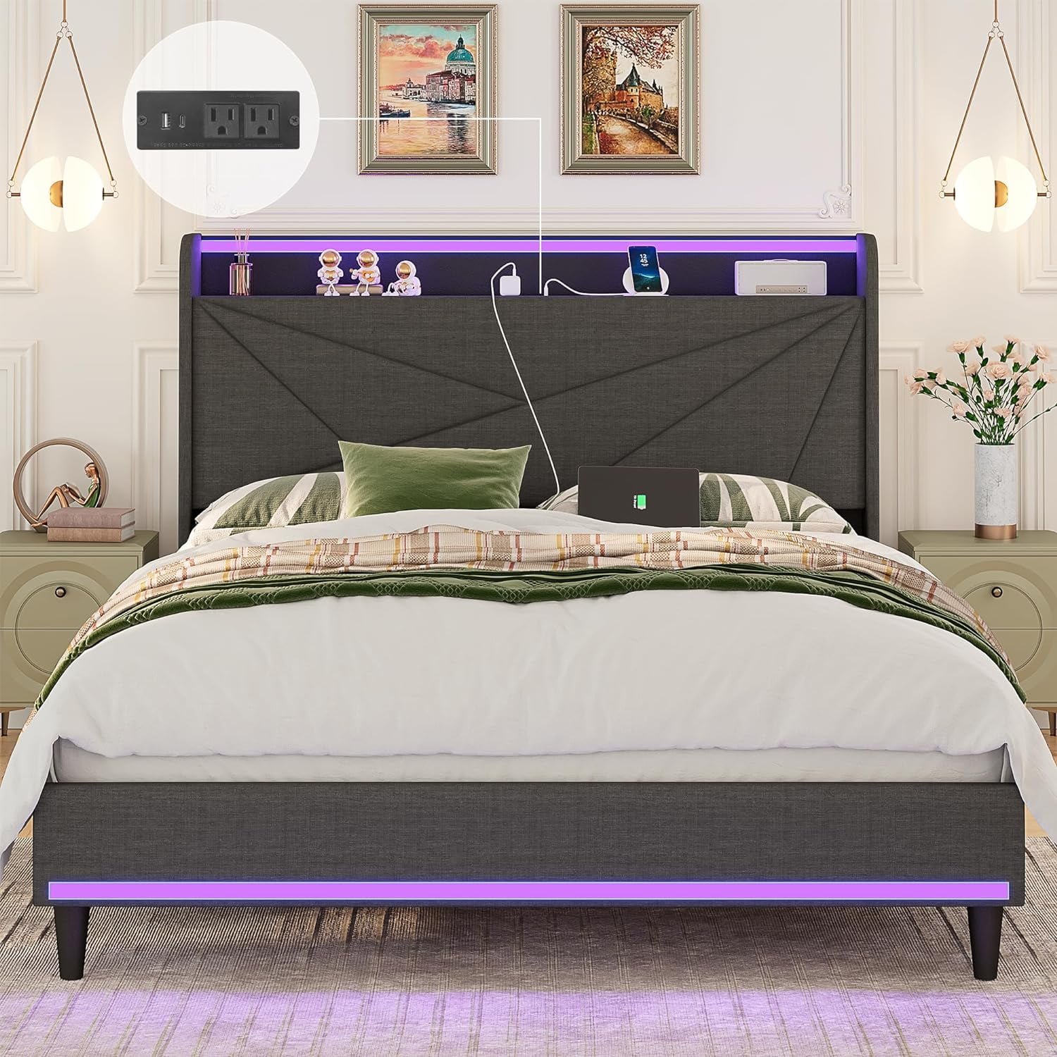 Full Size Bed Frame with Storage Headboard,Upholstered Platform Bed