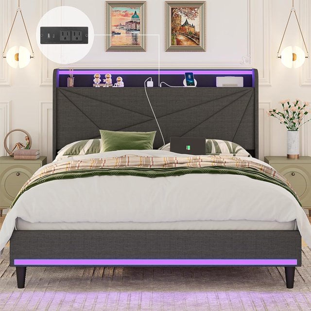 Full Size Bed Frame with Storage Headboard,Upholstered Platform Bed
