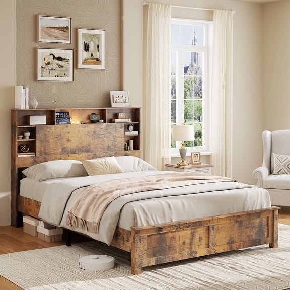 Full Size Bed Frame with Storage Headboard, Wood Platform Bed Frame with Charging Station, LED Lights and Bookcase, No Box Spring Needed, Easy Assembly, Dark Brown