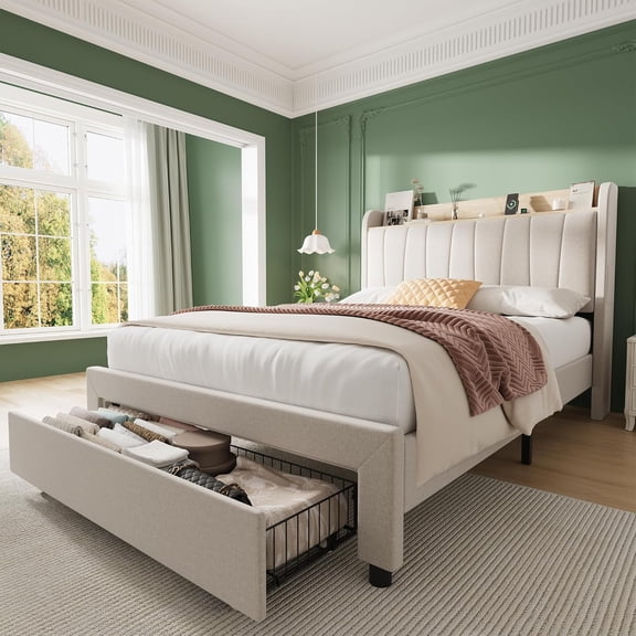 Full Size Bed Frame with Storage Headboard, Wooden Full Bed Frame with Charging Station, Metal Platform BedFrame with Large Drawers, No Box Spring Needed, Easy Assembly, Beige