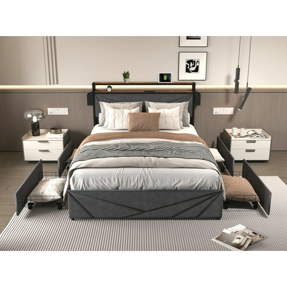 Full Size Bed Frame, Storage Headboard with Charging Station, Solid, Noise Free, No Box Spring Needed, Easy Assembly