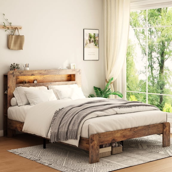 Full Size Bed Frame with Storage LED Light Headboard and 2 USB, Wood Platform Bed Frame with Large Under-Bed Storage, Noise Free, No Box Spring Needed, Easy Assembly, Dark Brown