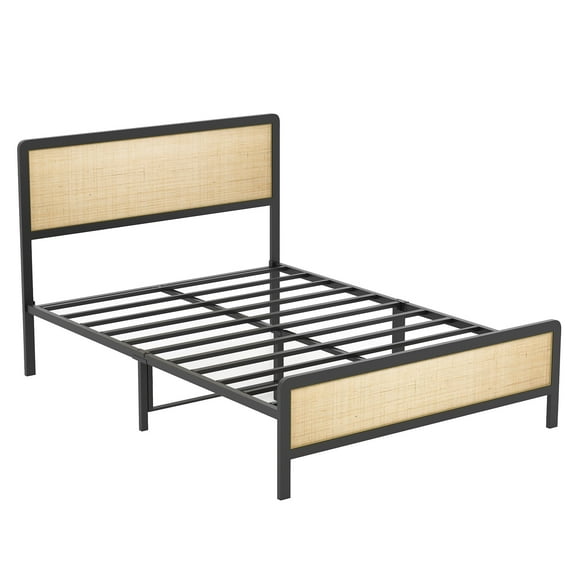 CazToi Full Size Bed Frame with Storage Space Under The Bed, Metal Bed Frame with Rattan Headboard and Footboard, Sturdy Platform Bed Frame, No Box Spring Needed