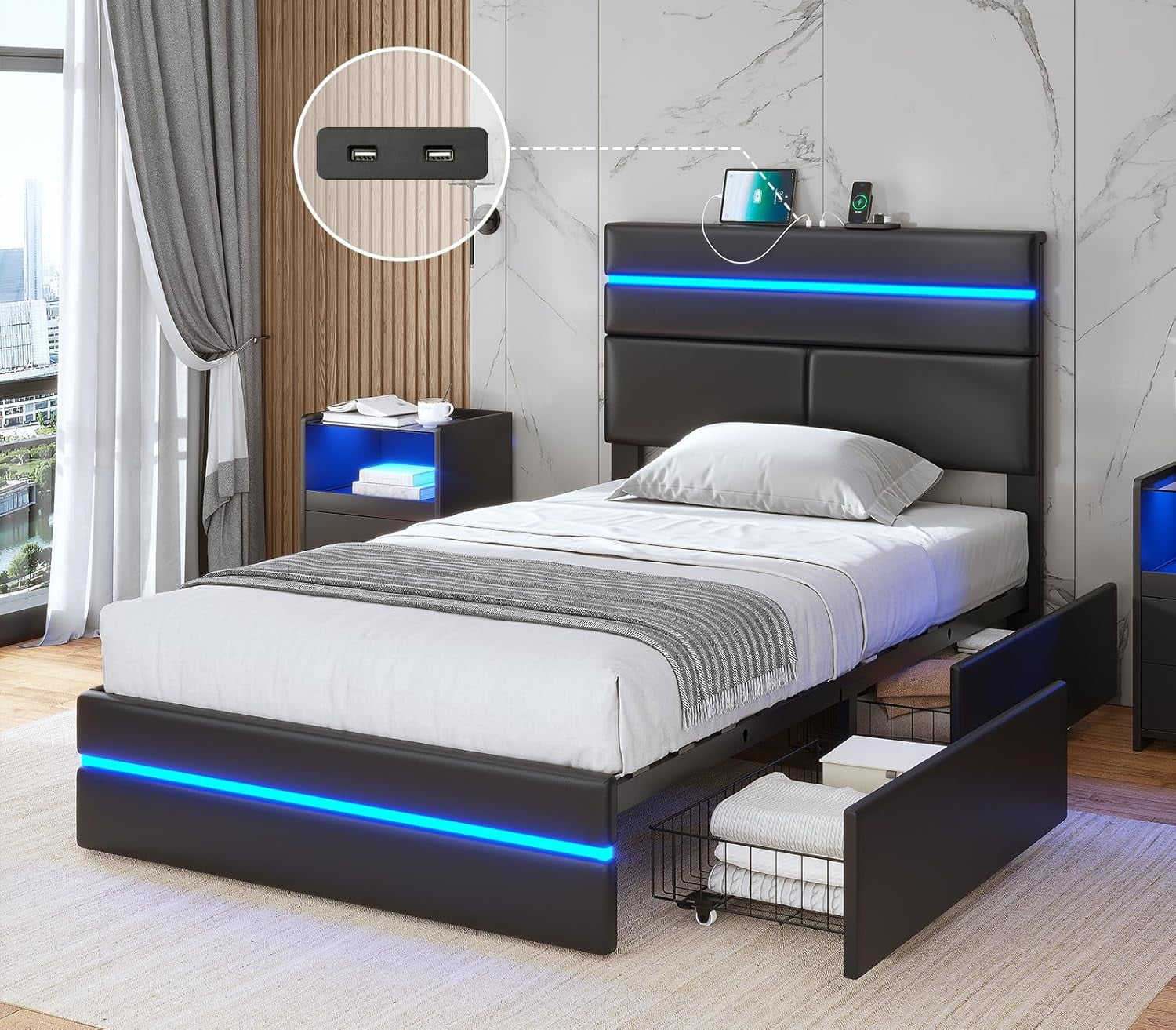 Full Size Bed Frame with Storage headboard Drawers Charging Station led ...