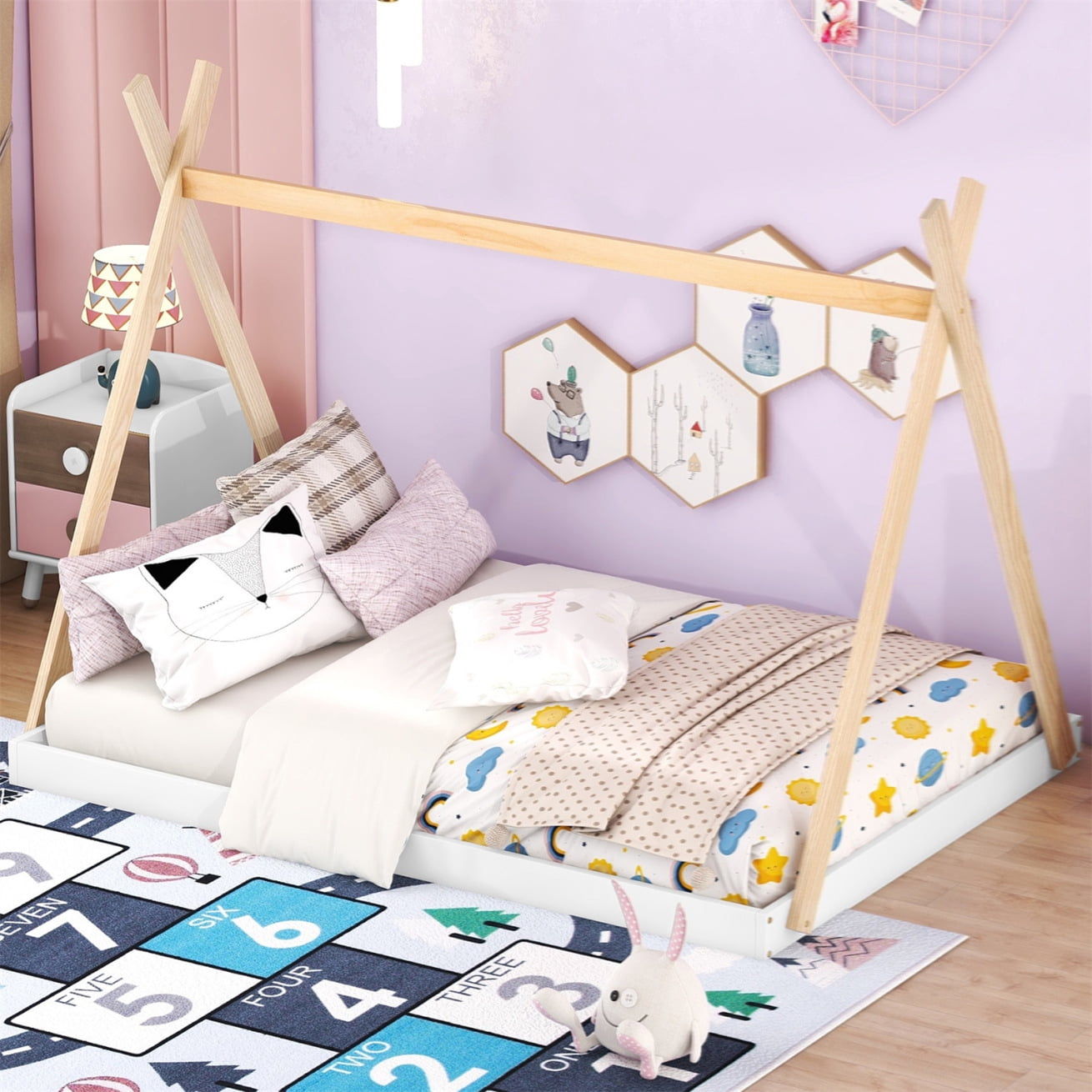 Full Size Bed Frame with Triangle Structure, Montessori Floor Bed, Bed ...