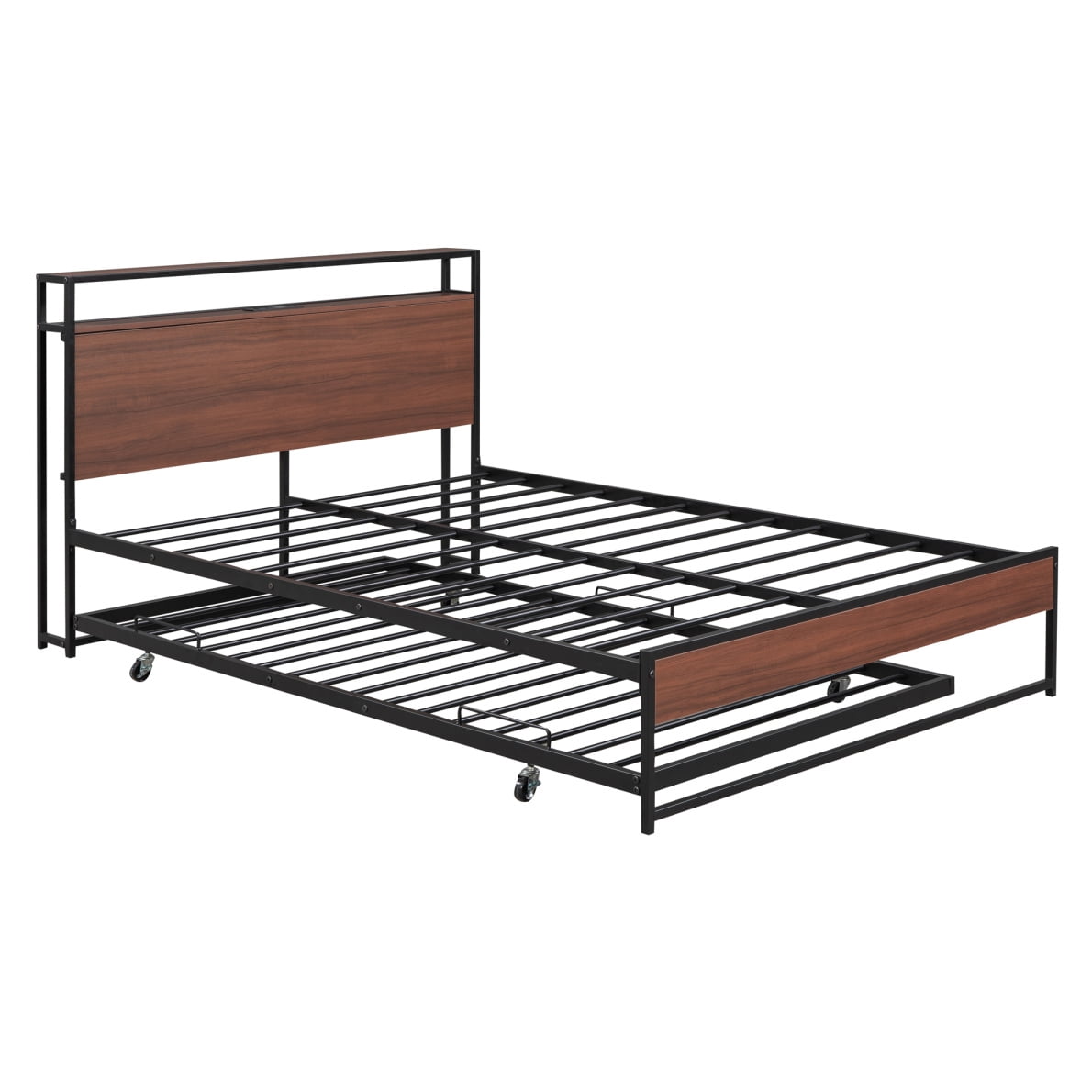 Full Size Bed Frame with Trundle, Metal Platform Bed with USB Ports and