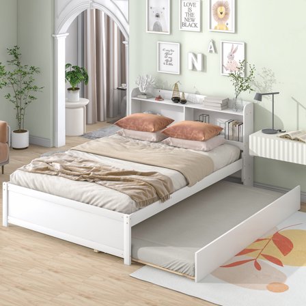 Full Size Bed Frame with Trundle, Wood Platform Bed with Headboard and Bookcase, Full Bed Frame with Slats Support for Home Apartment, No Box Spring Needed, White