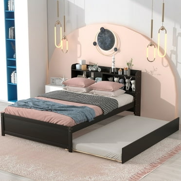 Full Size Bed Frame with Trundle, Wood Platform Bed with Headboard and Bookcase, Full Bed Frame with Slats Support for Home Apartment, No Box Spring Needed, Espresso