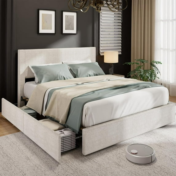 Full Size Bed Frame with Tufted Headboard, Upholstered Platform Bed Frame with 4 Storage Drawers and Wooden Slats Support, No Box Spring Needed, Beige