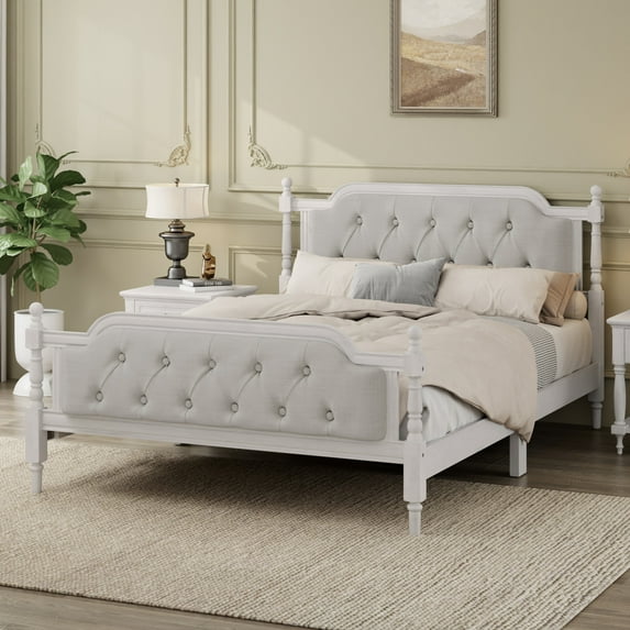 Full Size Bed Frame with Tufted Linen Headboard and Solid Wood Slat System, Antique White Platform Bed - No Box Spring Required, 400 LB Support & Under-Bed Storage