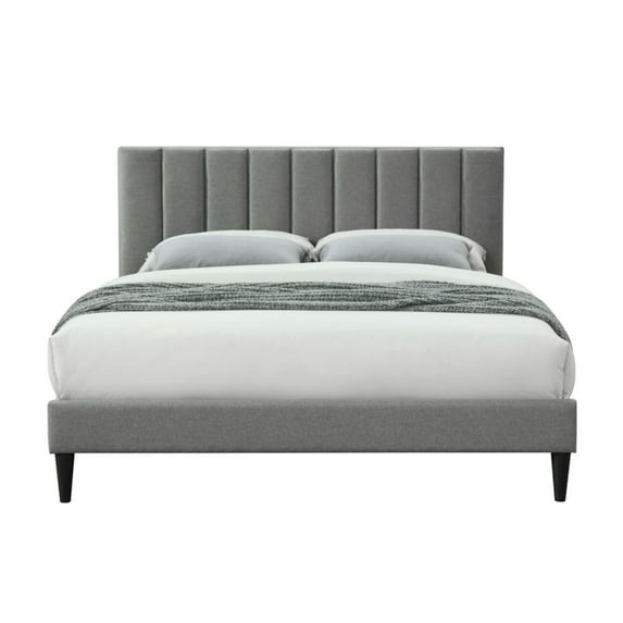 Full Size Bed Frame with USB Charging, Full Size Platform Bed Frame with Square Design Headboard, Full Size Upholstered Bed Frame with Wooden Slats, Gray