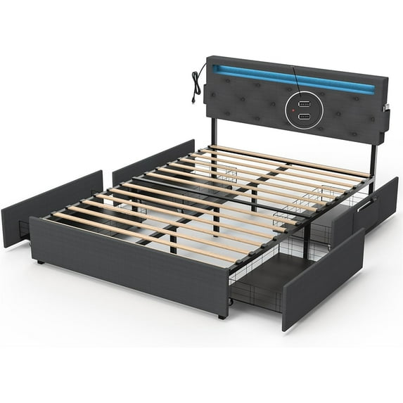 Full Size Bed Frame with USB Charging Station & LED Lights, Upholstered Platform Bed Frame with Headboard & 4 Storage Drawers for Bedroom, No Box Spring Needed