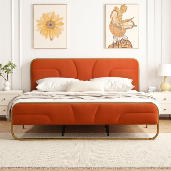 VELOCAVA Full Size Bed Frame with Upholstered Headboard and Footboard, Rounded Gold Frame, Orange