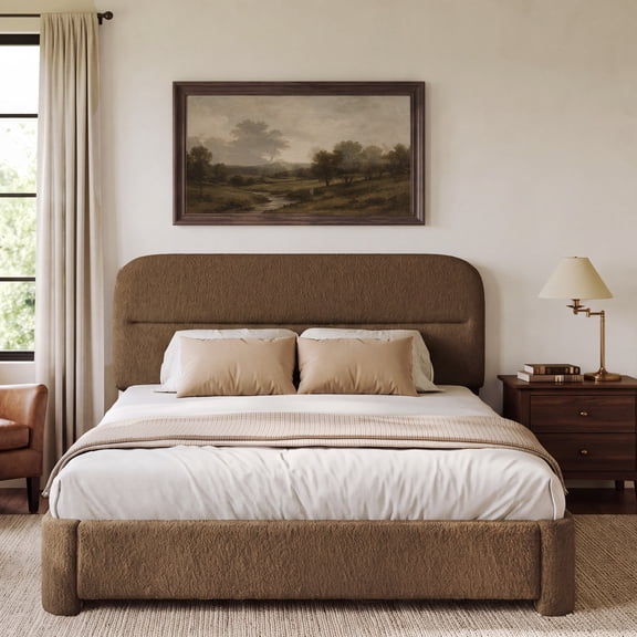 Full Size Bed Frame, Upholstered Platform Bed Frame with Adjustable Headboard, Soft Boucle Fabric, Modern Style, No Box Spring Required, Chocolate Brown