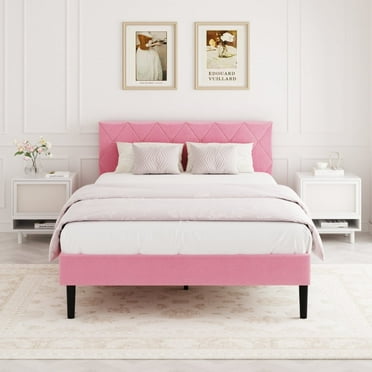 VIPLOV Full Size Bed Frame, Upholstered Platform Bed Frame with Button Tufted Headboard, Mattress Foundation, Wooden Slats Support,  Super Easy Assembly,Pink
