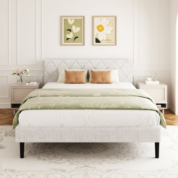 VIPLOV Full Size Bed Frame, Upholstered Platform Bed Frame with Button Tufted Headboard, Mattress Foundation, Wooden Slats Support, No Box Spring Needed, Super Easy Assembly, Light Grey