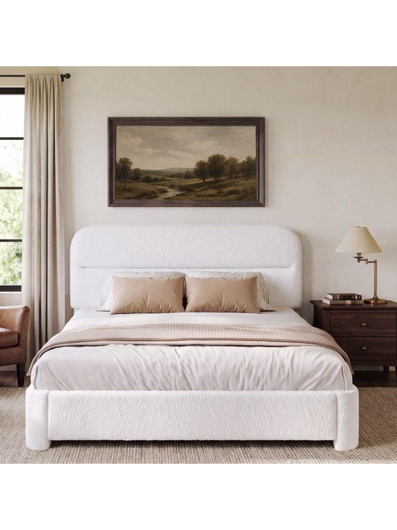 Full Size Bed Frame, Upholstered Platform Bed Frame with Adjustable Headboard, Soft Boucle Fabric, Modern Style, No Box Spring Required, Off-White