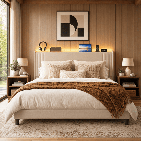 Full Upholstered Platform Bed Frame with Charging Station & LED Lights – Wingback Headboard, Wood Slat Support, Noise-Free, No Box Spring Needed, Beige