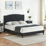 Full Size Bed Frame, Upholstered Platform Bed Frame with Adjustable Button Tufted Headboard with Nailhead Trim, Wood Slat Support, No Box Spring Needed (Black, Full)