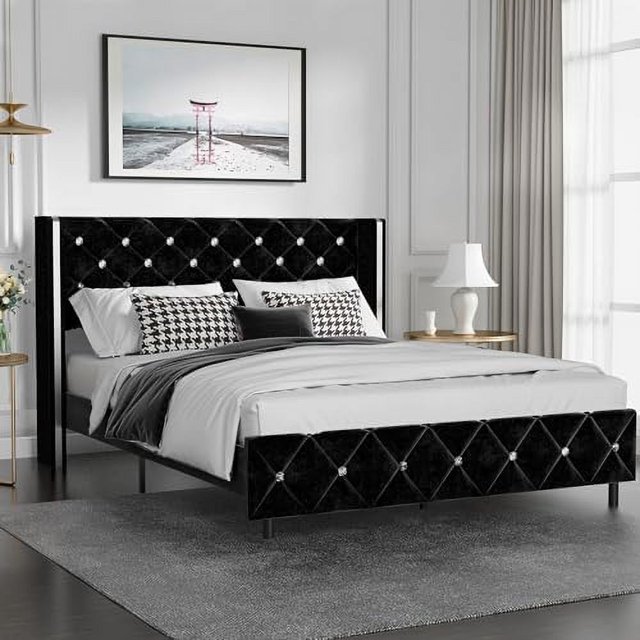 Full Size Bed Frame Upholstered Platform Bed with Tufted Wingback