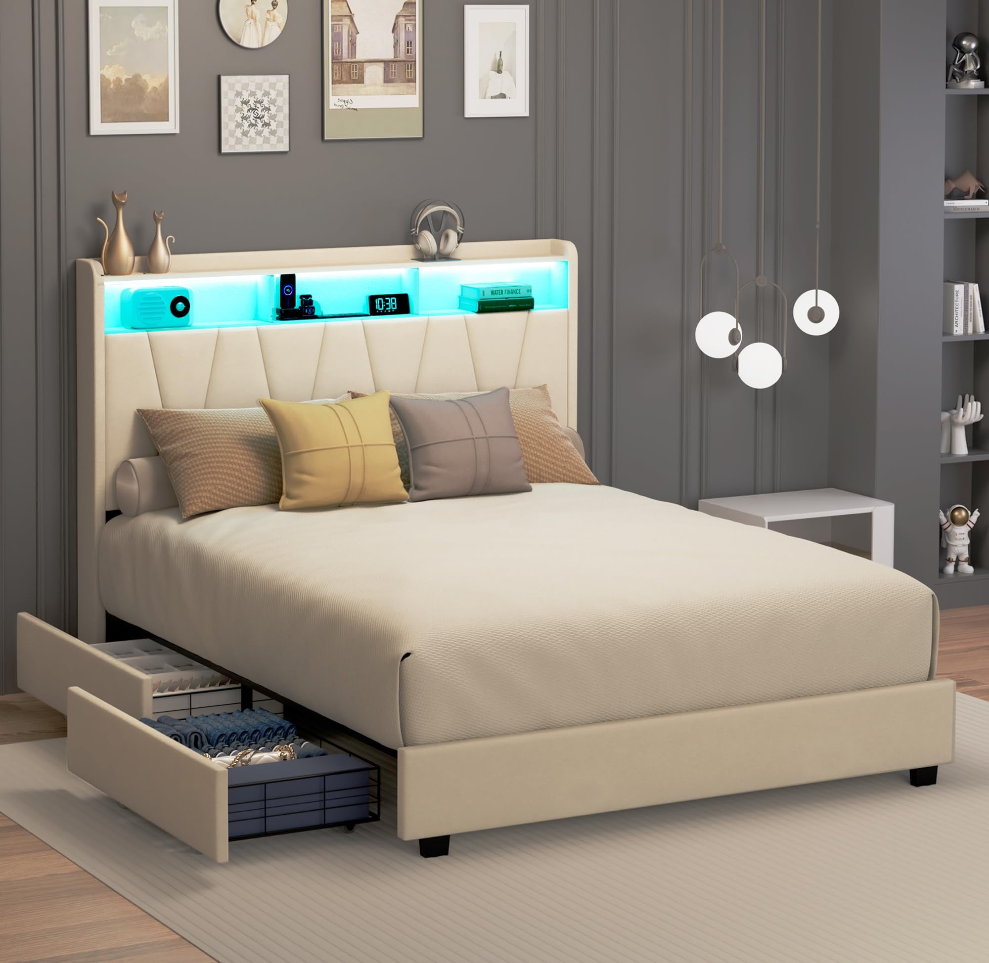 Full Size Bed Frame, Velvet Upholstered LED Platform Bed with Headboard ...