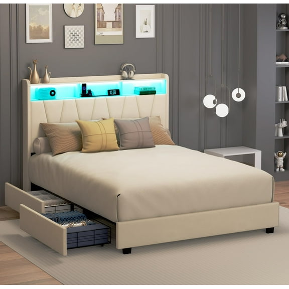 Full Size Bed Frame, Velvet Upholstered LED Platform Bed with Headboard Storage, Bed Frame Full Built-in Charging Station with 4 Drawers, Wood Slat Support, No Box Spring Needed, Beige